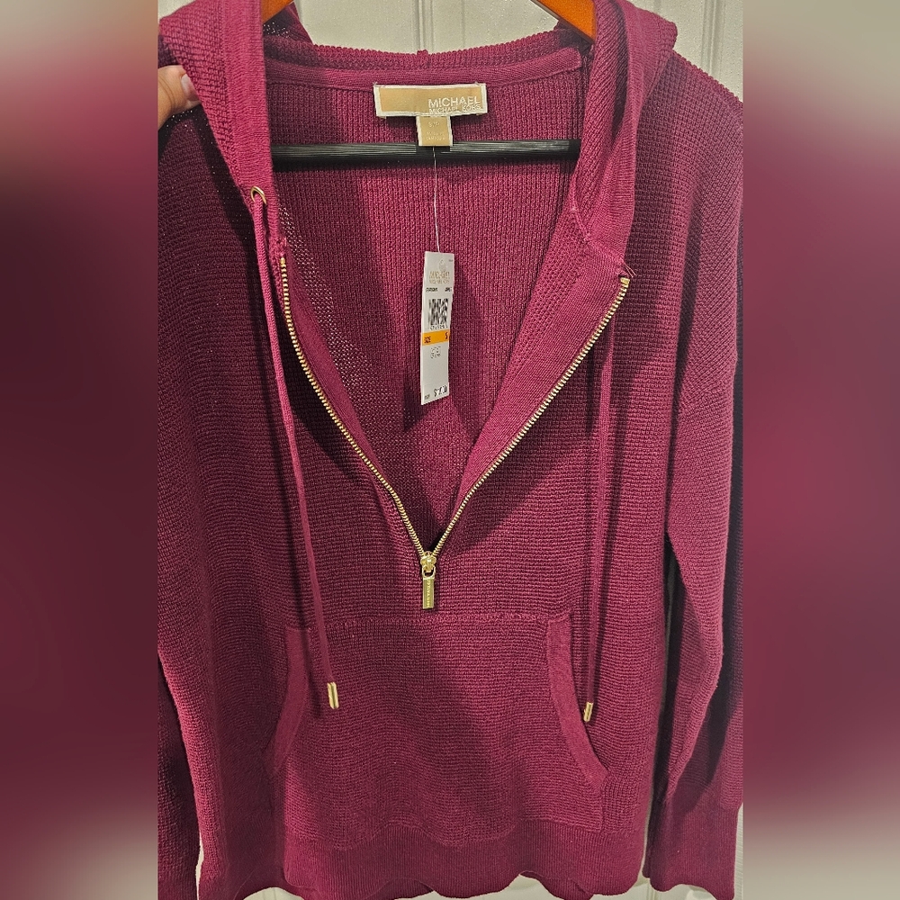 NWT Michael Kors Women's Maroon Knit Hoodie With Half Zipper And Strings--Size S - Picture 5 of 10
